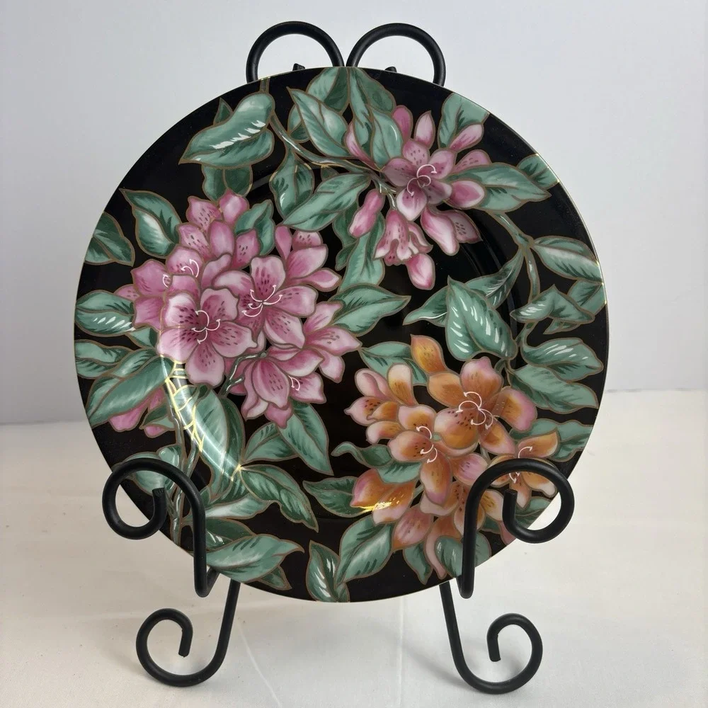 Fitz and Floyd Azalea Cloisonne Flower 8in Salad Plate Black Vintage Porcelain